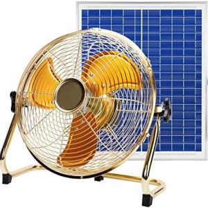 CYBERDAX 14 Inch Portable Golden All Metal Made Table Fan, Wireless Rechargeable Fan with Solar Panel Powered and AC Charger Dual Input for Indoor Housing, Office, Camping, Fishing Outdoors